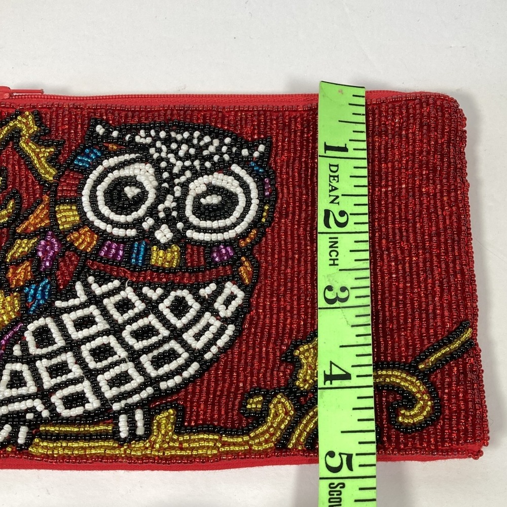 Owl Beaded Wristlet Small Bag Purse Zipper Closure Lined 7x5 Inches Colorful - Picture 8 of 9